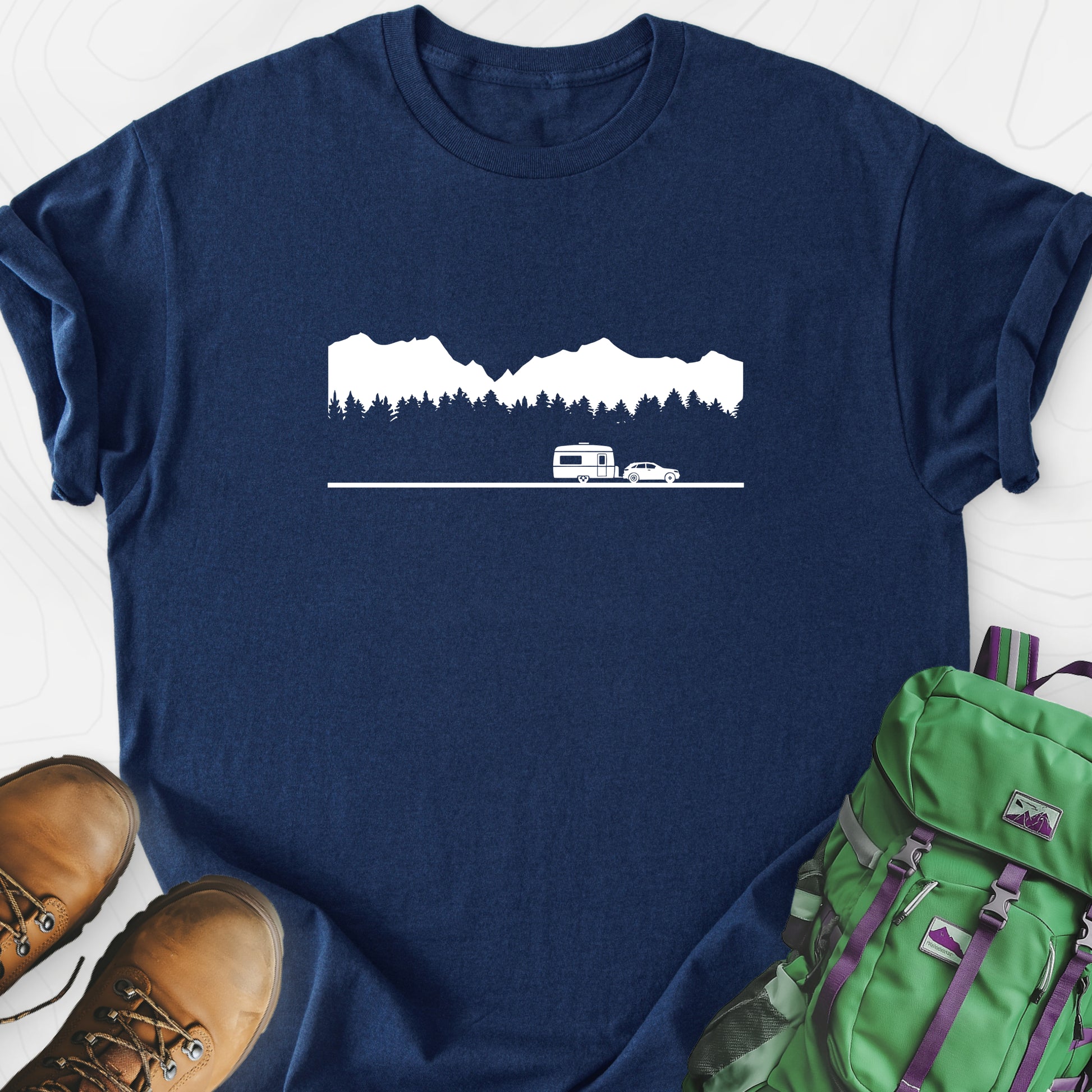 Trailer in the Mountains Navy front print lightweight T-shirt