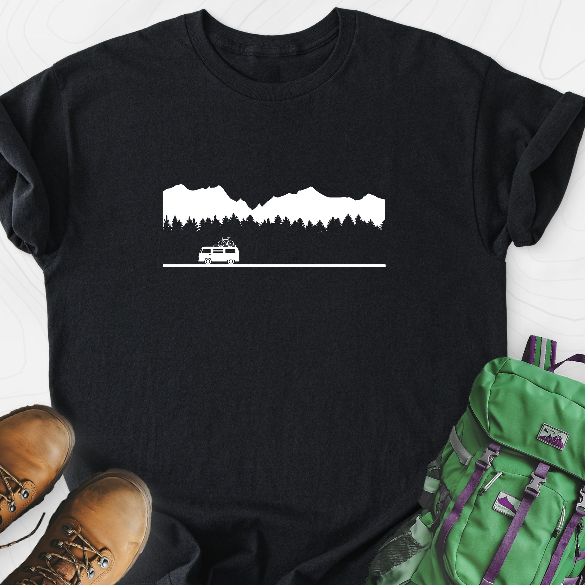 Motorhome in the Mountains Black front print lightweight T-shirt