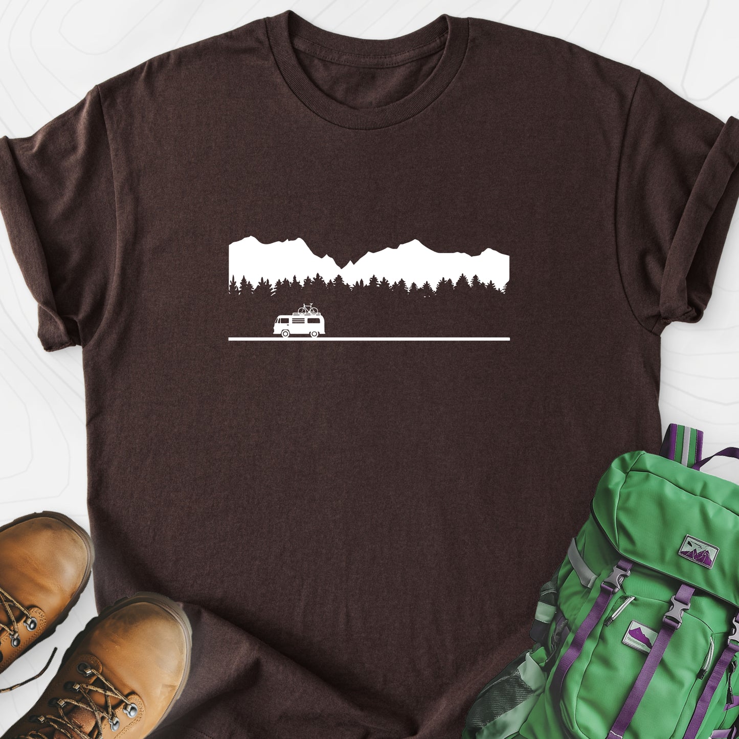 Motorhome in the Mountains Dark Chocolate front print lightweight T-shirt