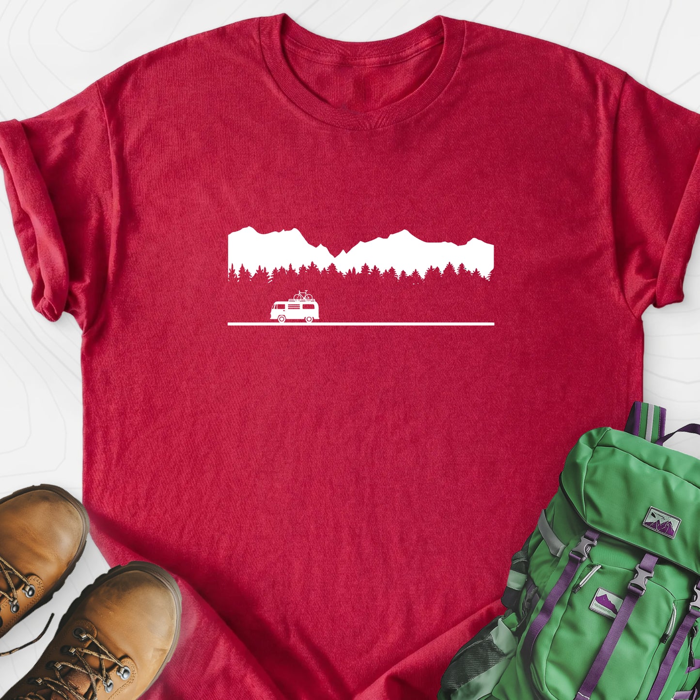 Motorhome in the Mountains Heather Red front print lightweight T-shirt