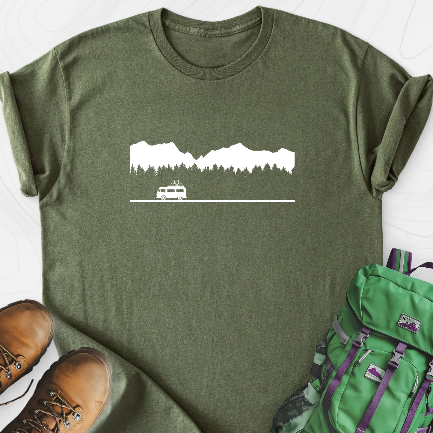 Motorhome in the Mountains Military Green front print lightweight T-shirt