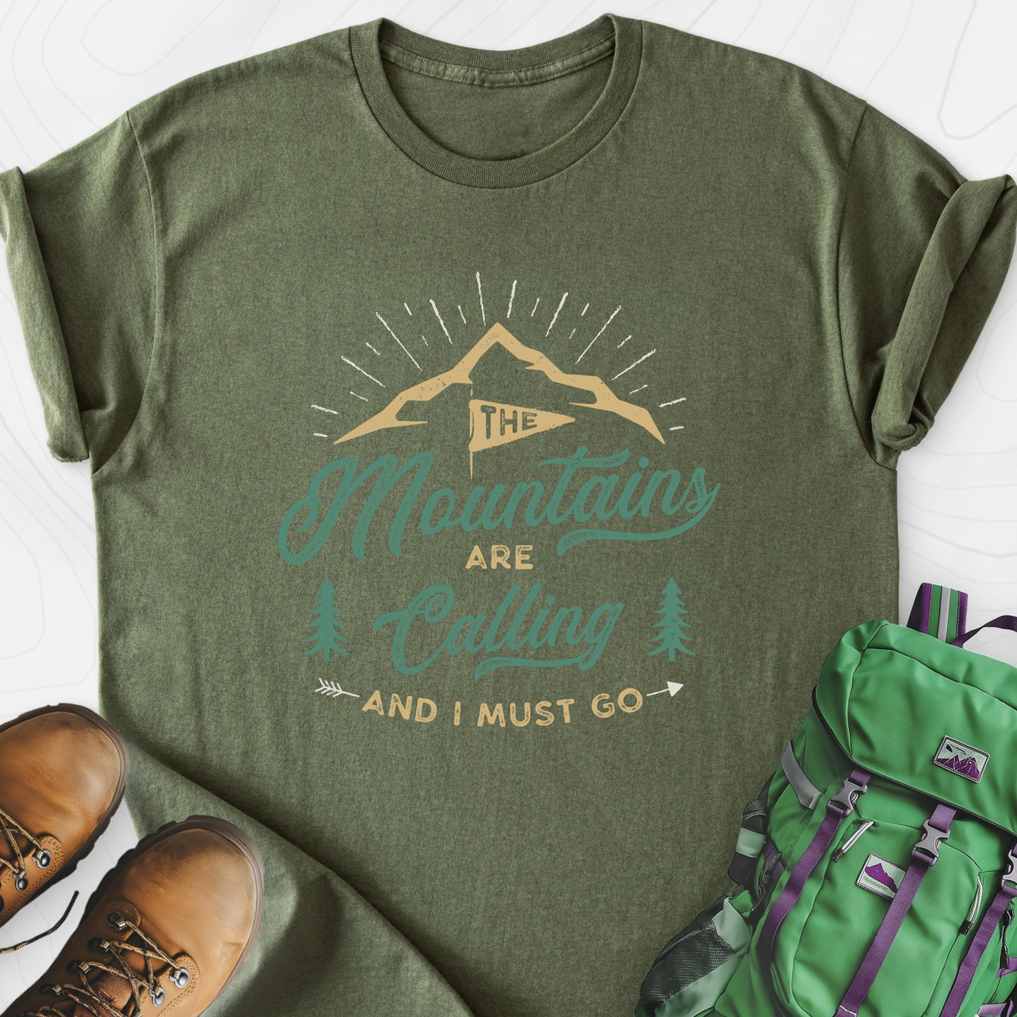 The Mountains are Calling Military Green front print lightweight T-shirt