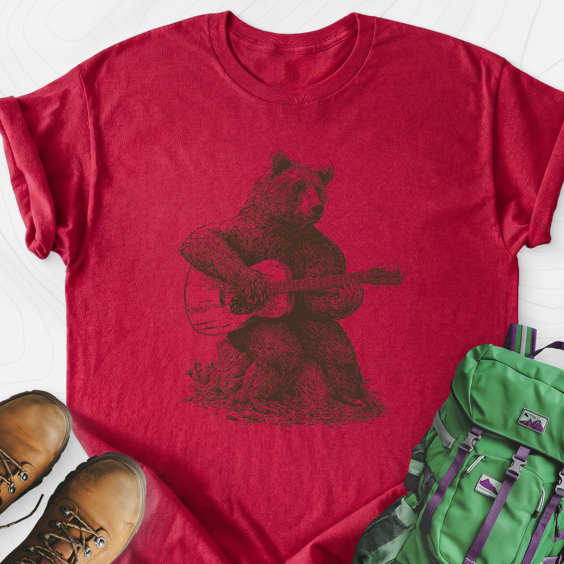 Bear Guitar Heather Red front print lightweight T-shirt