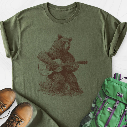 Bear Guitar Military Green front print lightweight T-shirt