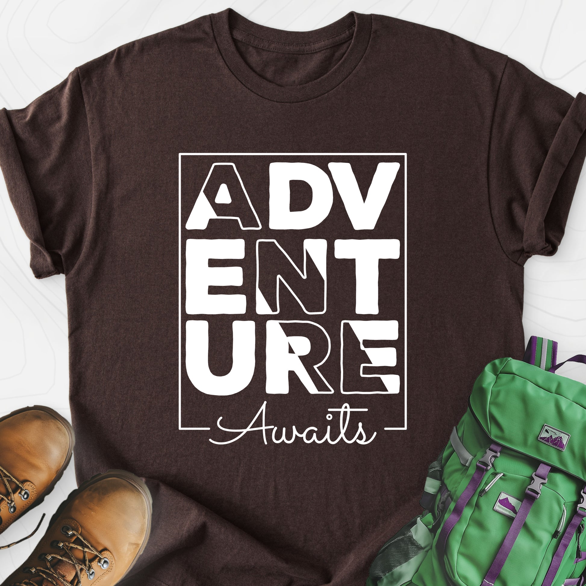 Adventure Awaits Dark Chocolate front print lightweight T-shirt