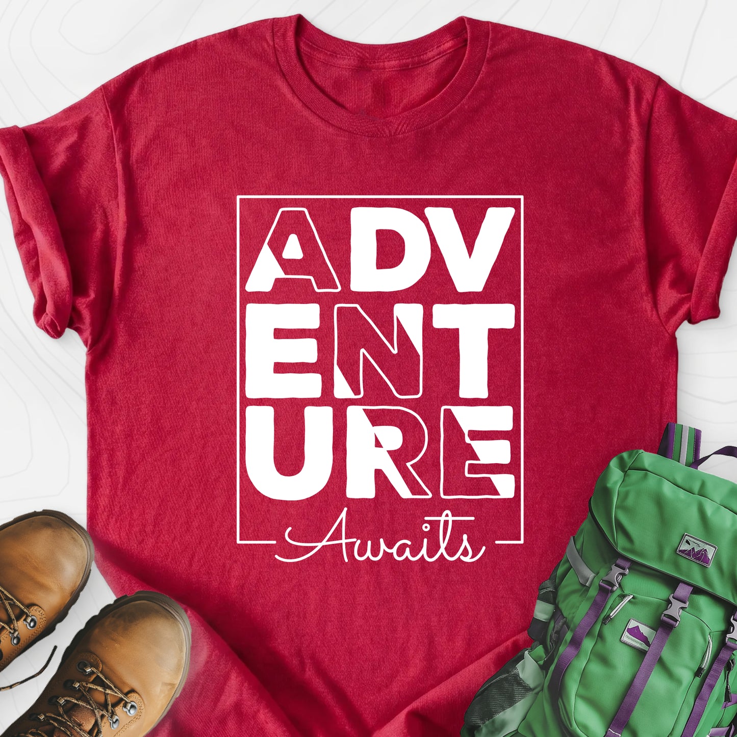 Adventure Awaits Heather Red front print lightweight T-shirt