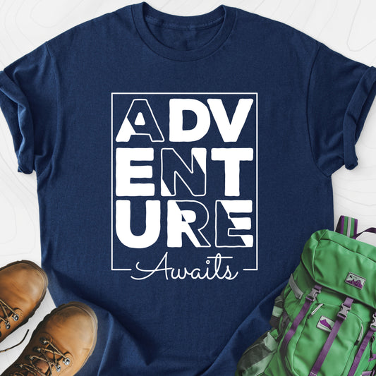 Adventure Awaits Navy front print lightweight T-shirt