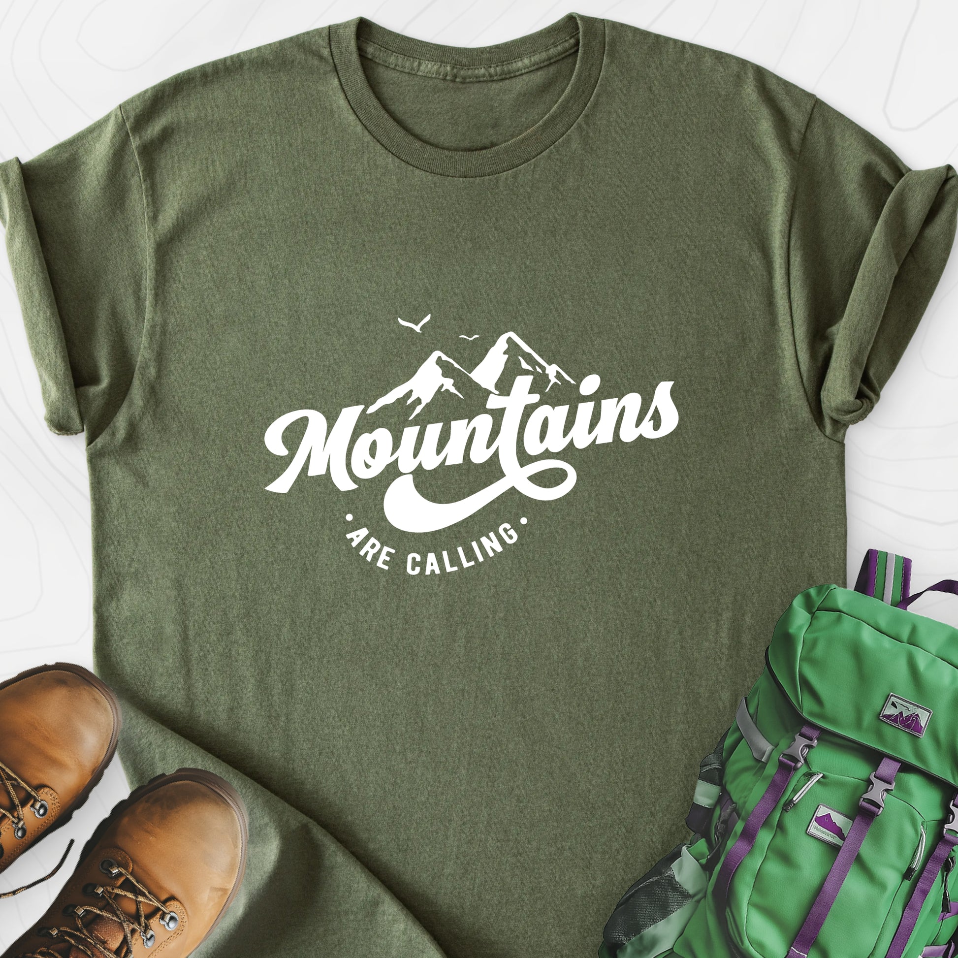 Calling Mountains Military Green front print lightweight T-shirt