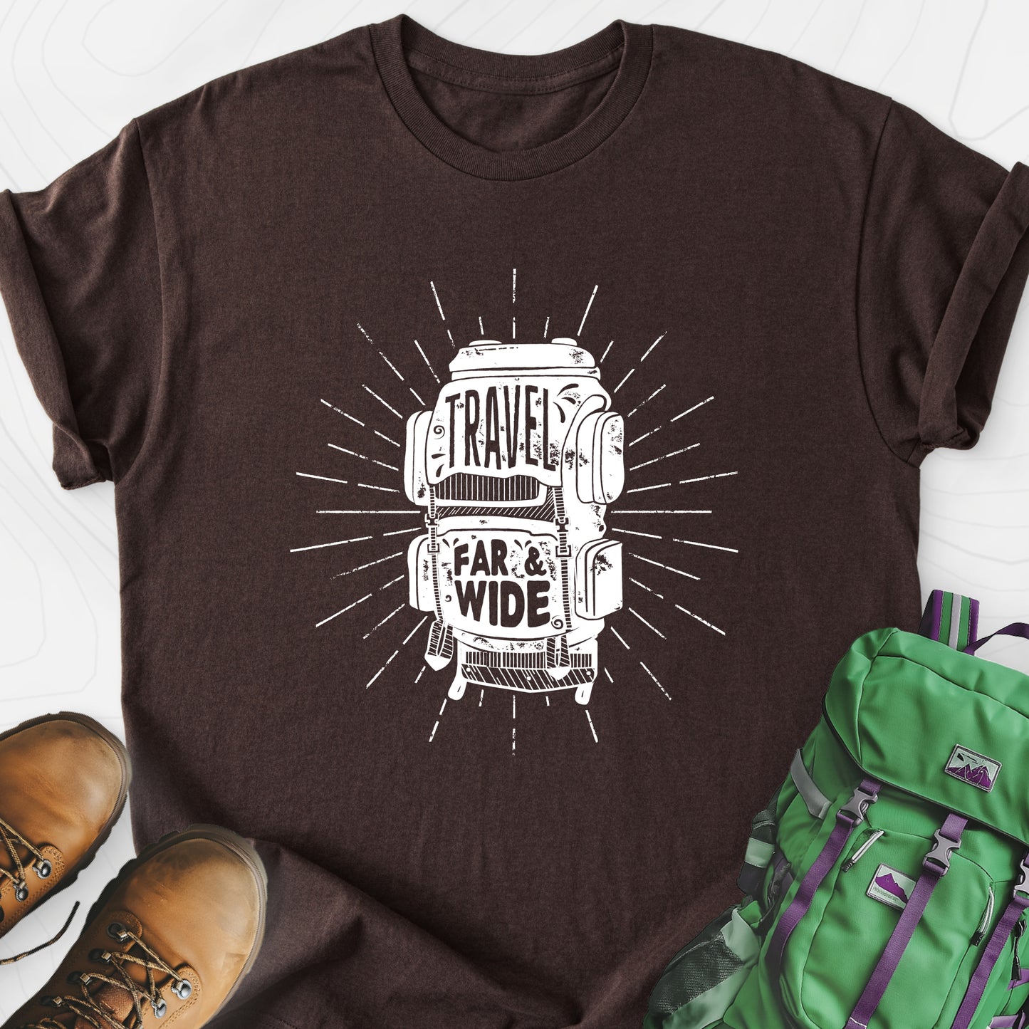 Travel Far and Wide Dark Chocolate front print lightweight T-shirt