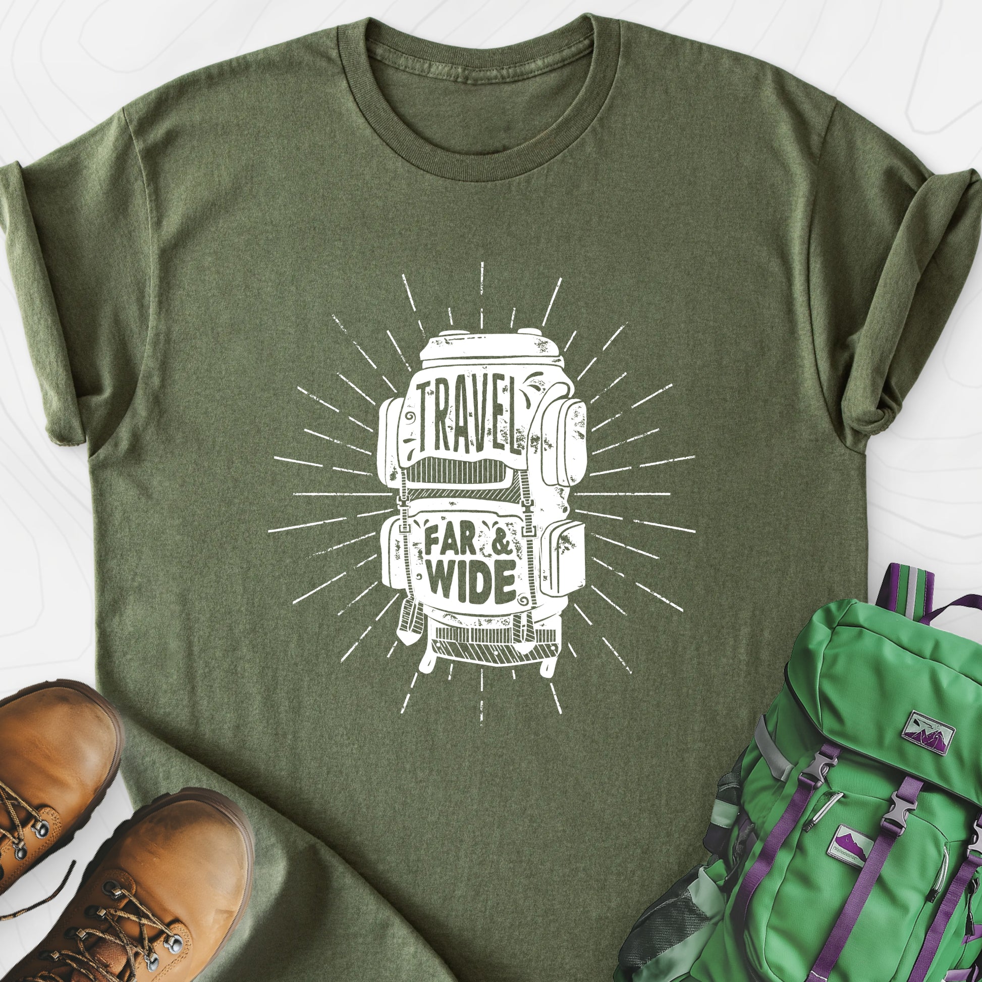 Travel Far and Wide Military Green front print lightweight T-shirt