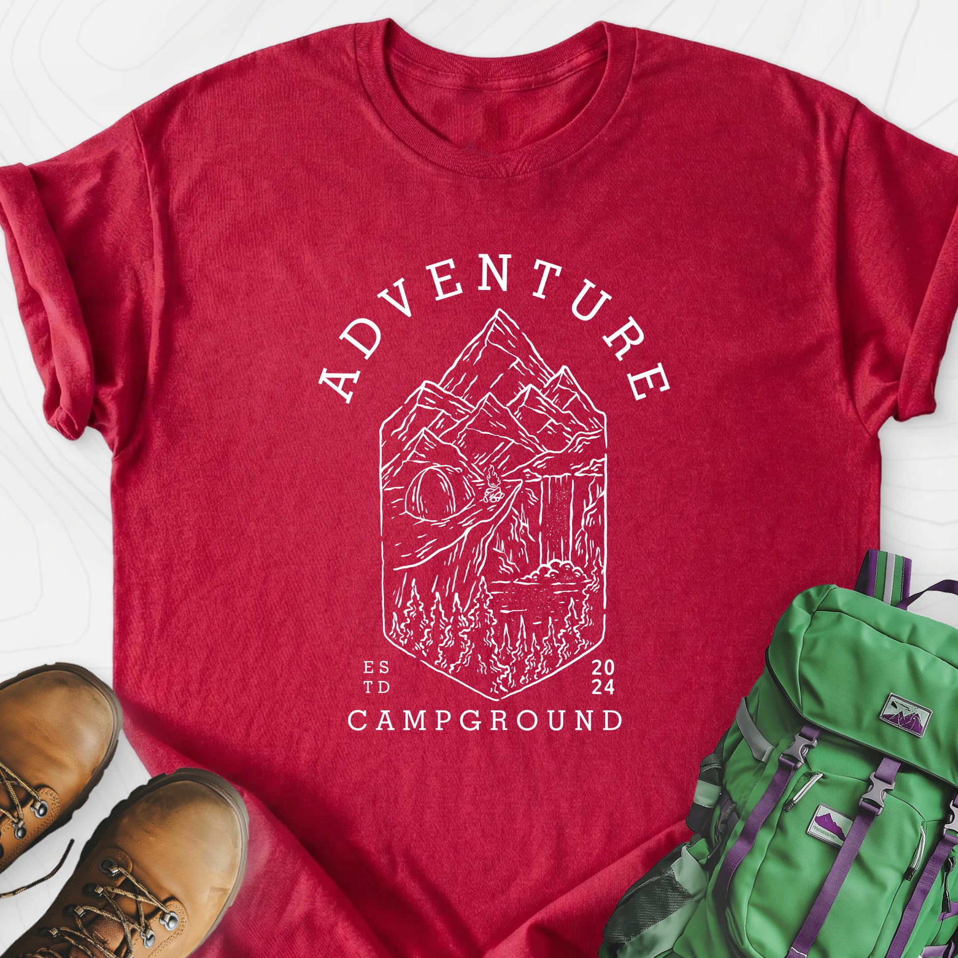 Adventure Campground Heather Red front print lightweight T-shirt