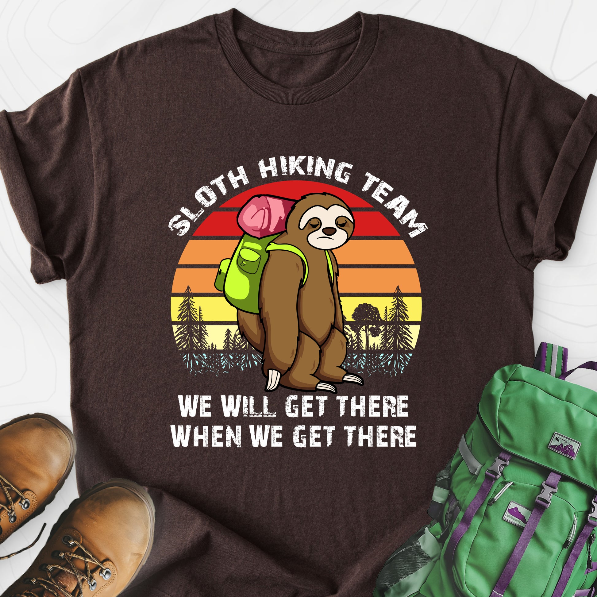 Sloth Hiking Team Dark Chocolate front print lightweight T-shirt