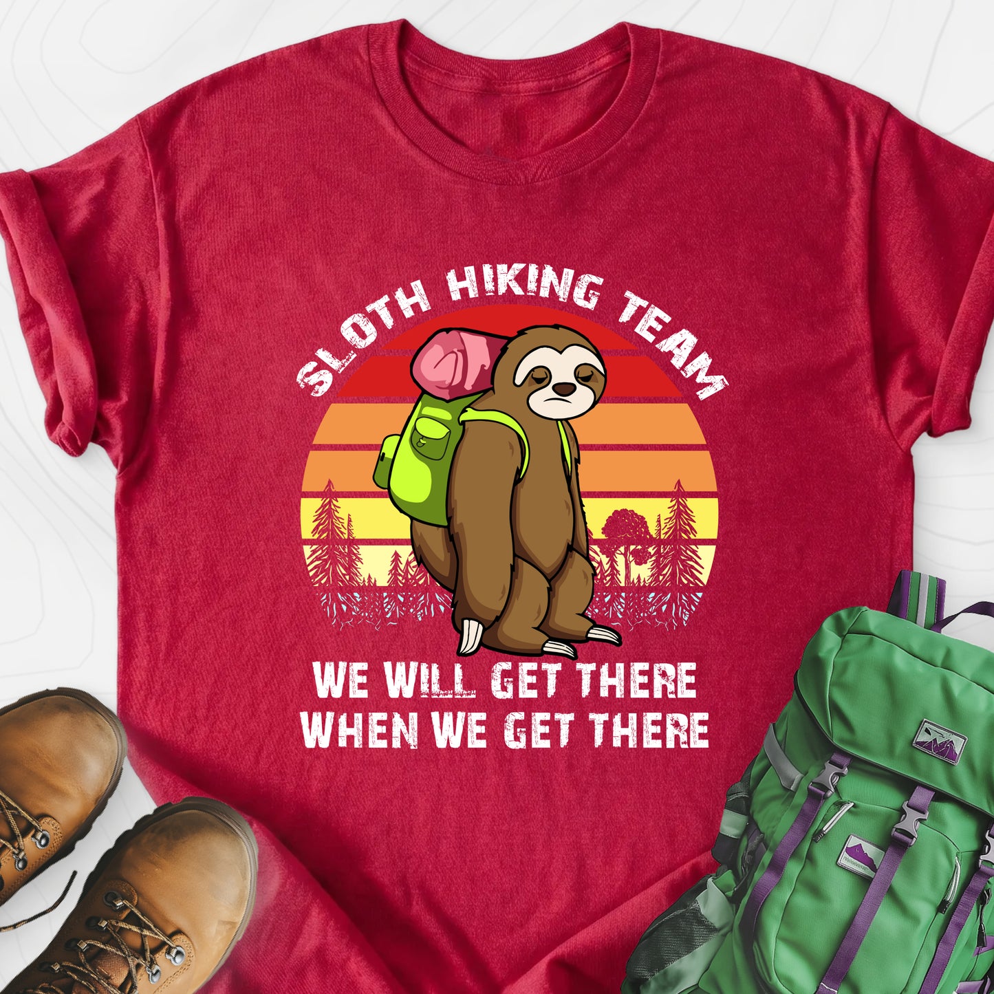 Sloth Hiking Team Heather Red front print lightweight T-shirt