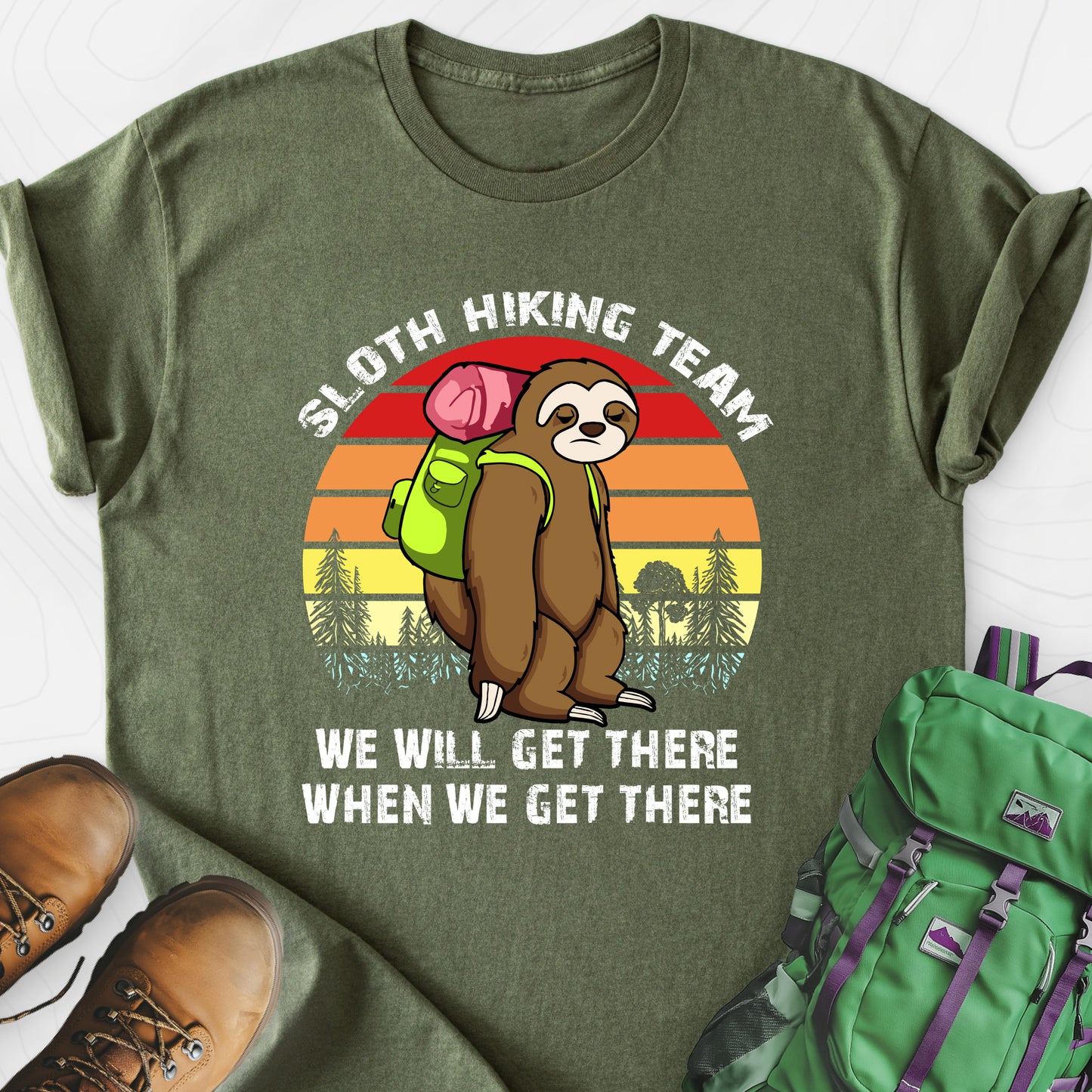 Sloth Hiking Team Military Green front print lightweight T-shirt
