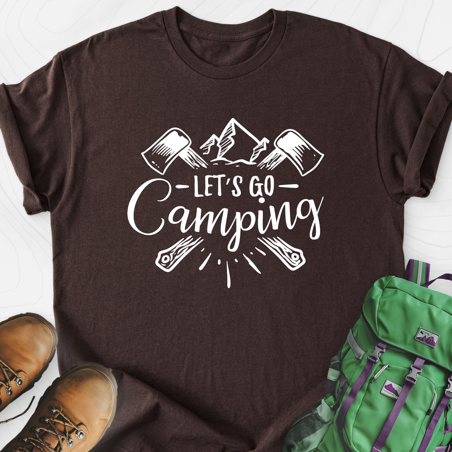Let's Go Camping Dark Chocolate front print lightweight T-shirt