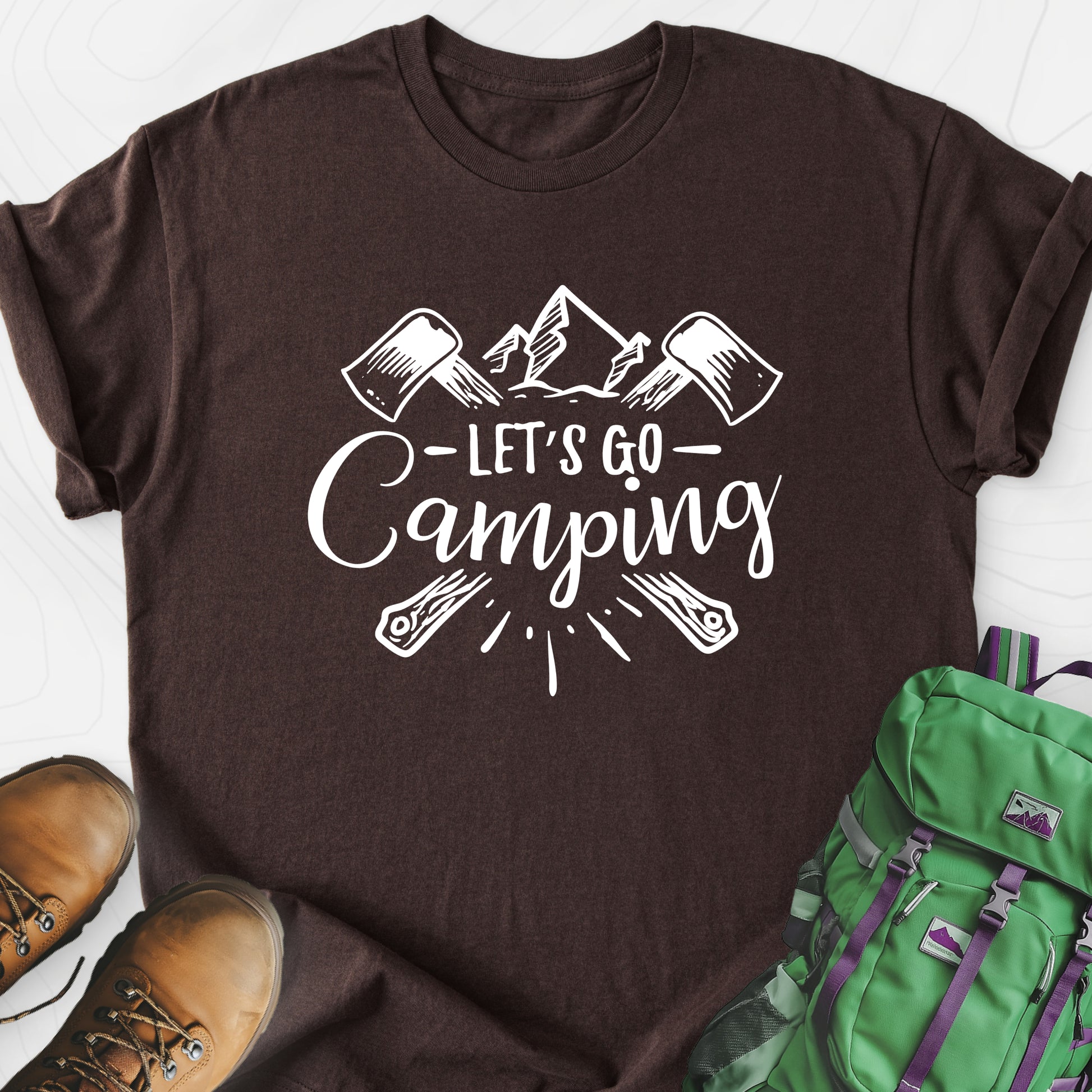 Let's Go Camping Dark Chocolate front print lightweight T-shirt