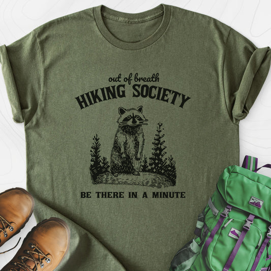 Out Of Breath Hiking Society Military Green front print lightweight T-shirt