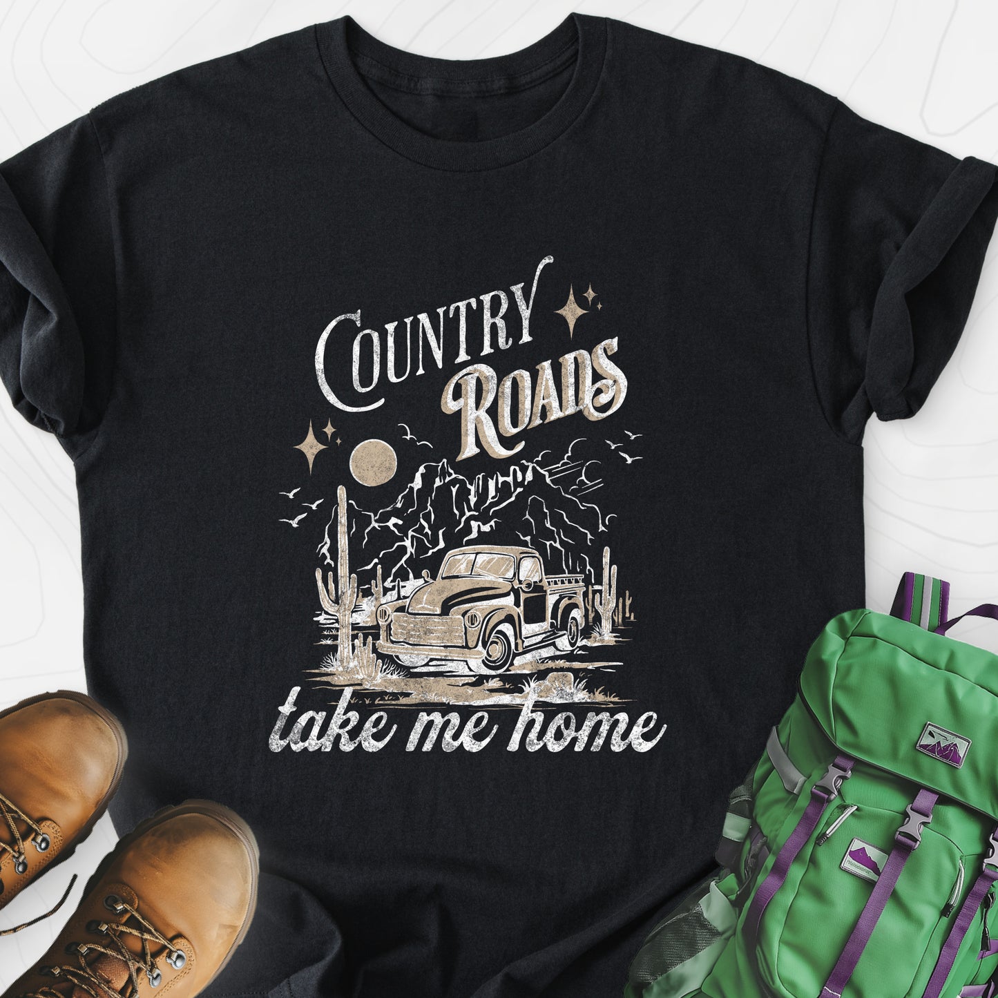 Country Roads Black front print lightweight T-shirt