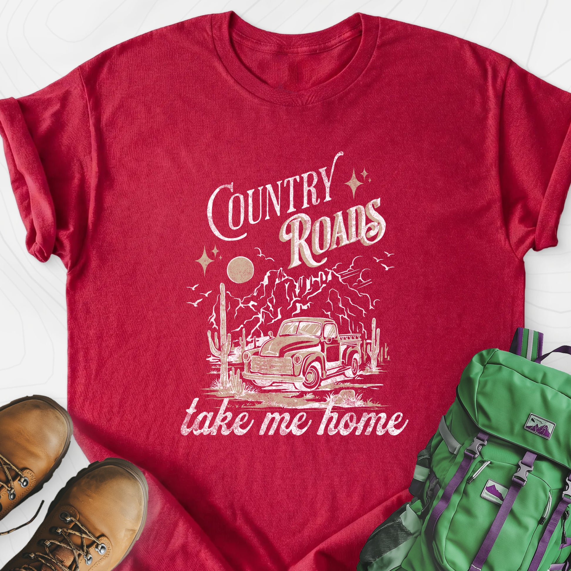 Country Roads Heather Red front print lightweight T-shirt