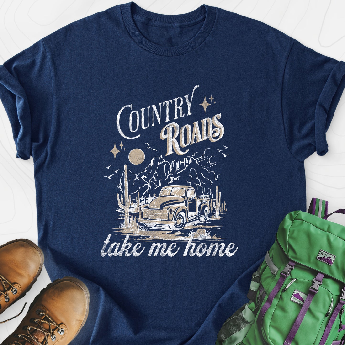 Country Roads Navy front print lightweight T-shirt