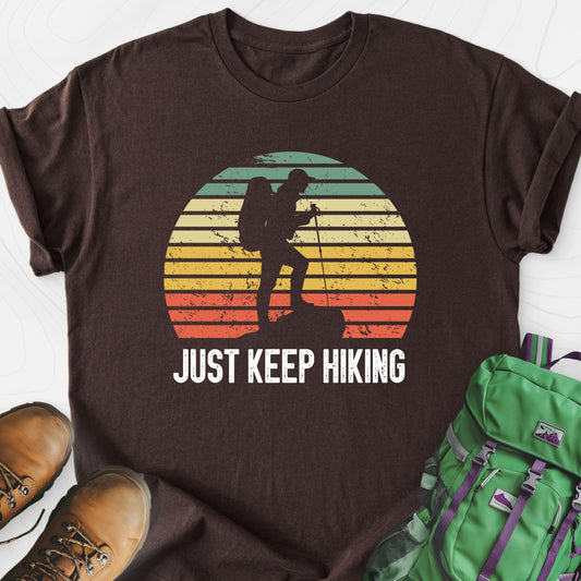 Just Keep Hiking Dark Chocolate front print lightweight T-shirt