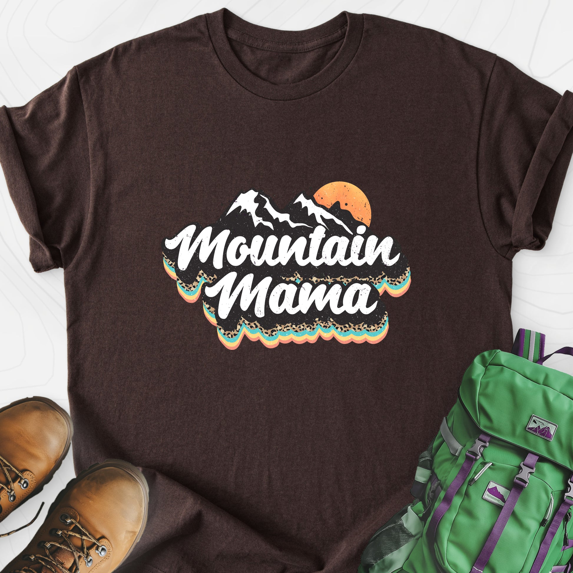 Mountain Mama Adventure Dark Chocolate front print lightweight T-shirt
