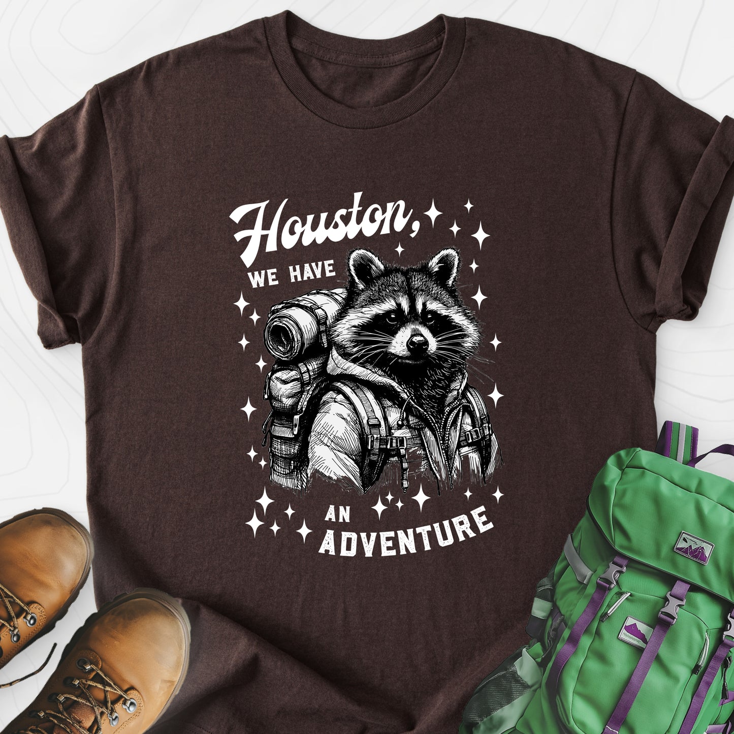 Houston We Have An Adventure Dark Chocolate front print lightweight T-shirt
