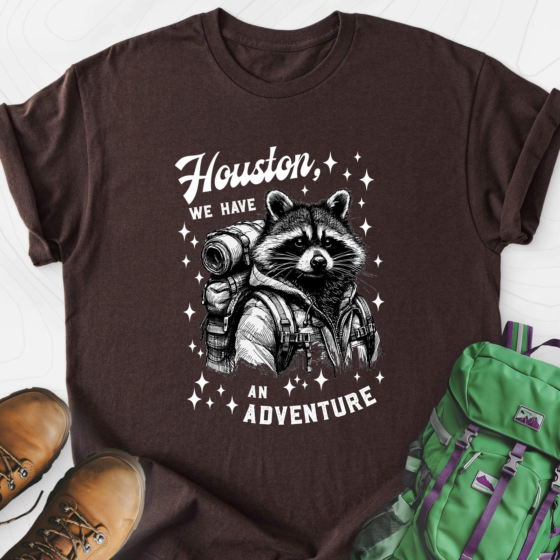 Houston We Have An Adventure Dark Chocolate front print lightweight T-shirt