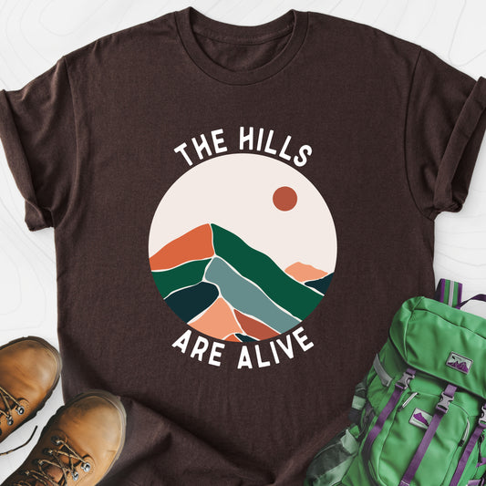 The Hills Are Alive Dark Chocolate front print lightweight T-shirt