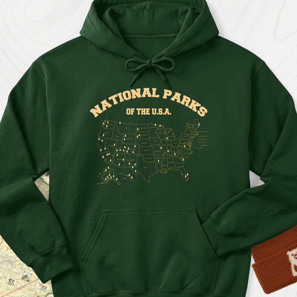 National Parks Map Hoodie - Forest Green