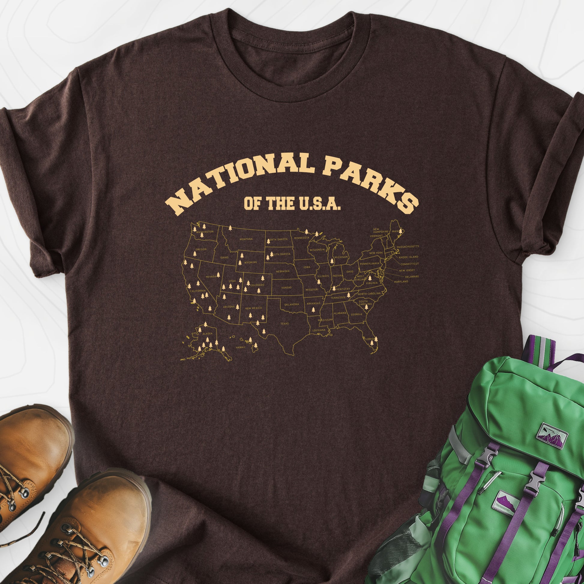 National Parks Map Dark Chocolate front print lightweight T-shirt