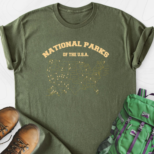 National Parks Map Military Green front print lightweight T-shirt