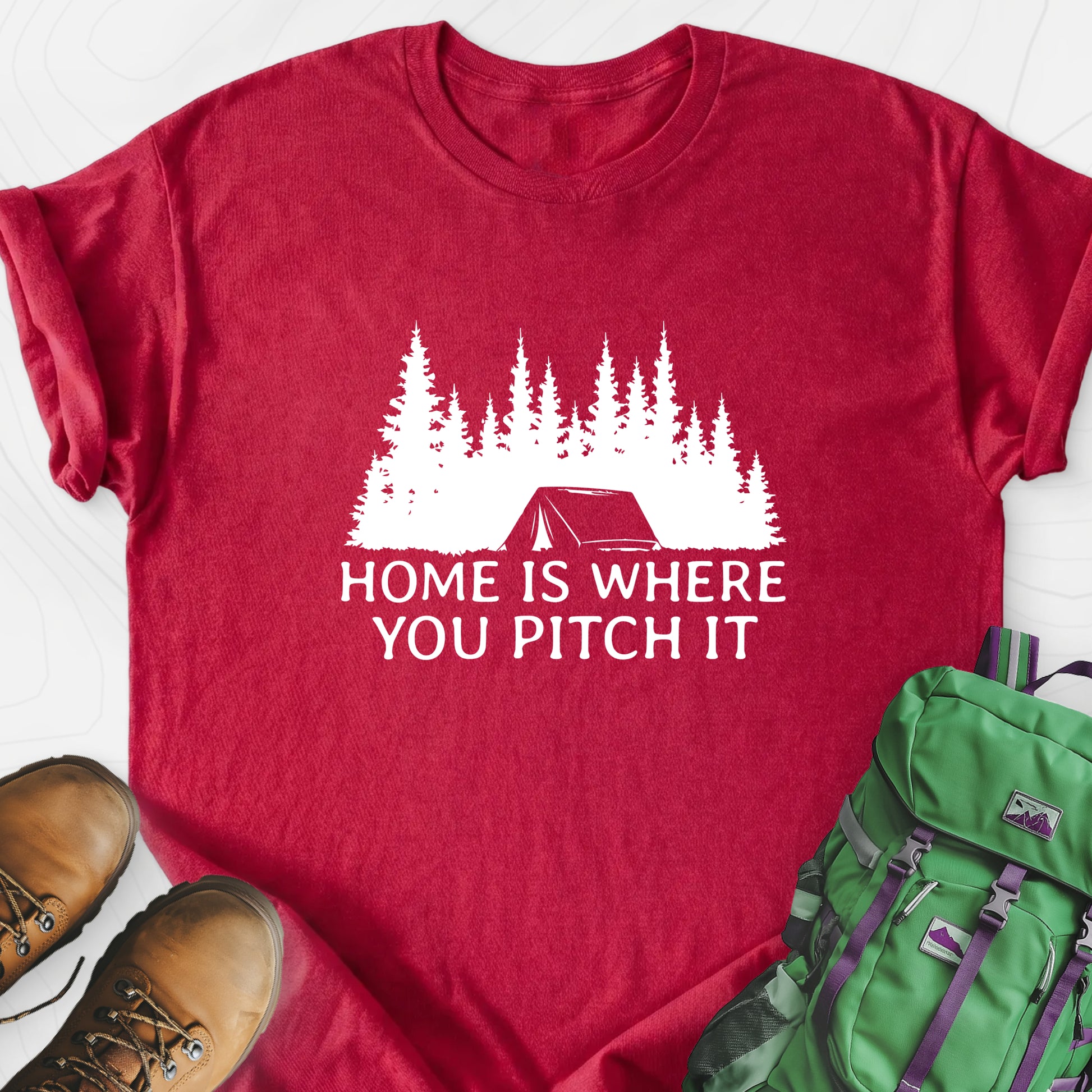 Home Is Where You Pitch It Heather Red front print lightweight T-shirt