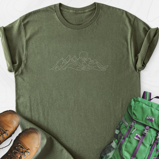 Line Art Mountains Military Green front print lightweight T-shirt