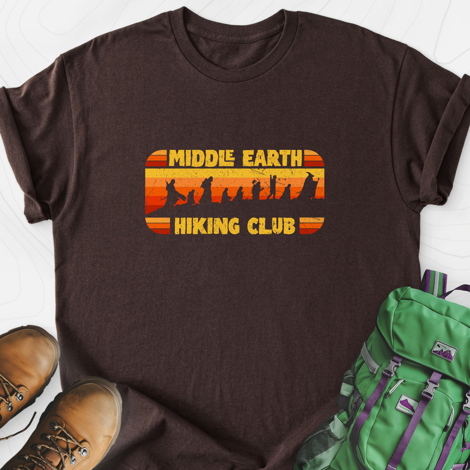 Middle Earth Hiking Club Dark Chocolate front print lightweight T-shirt