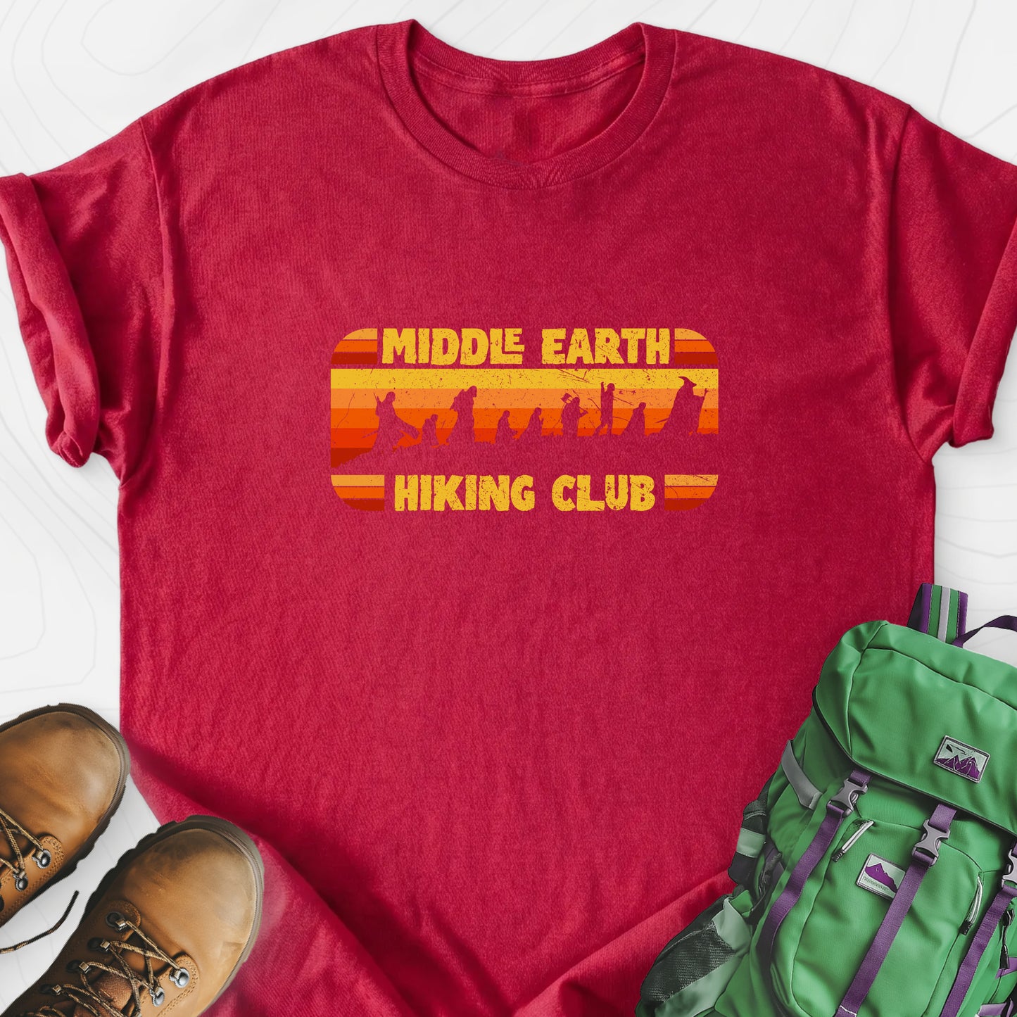 Middle Earth Hiking Club Heather Red front print lightweight T-shirt