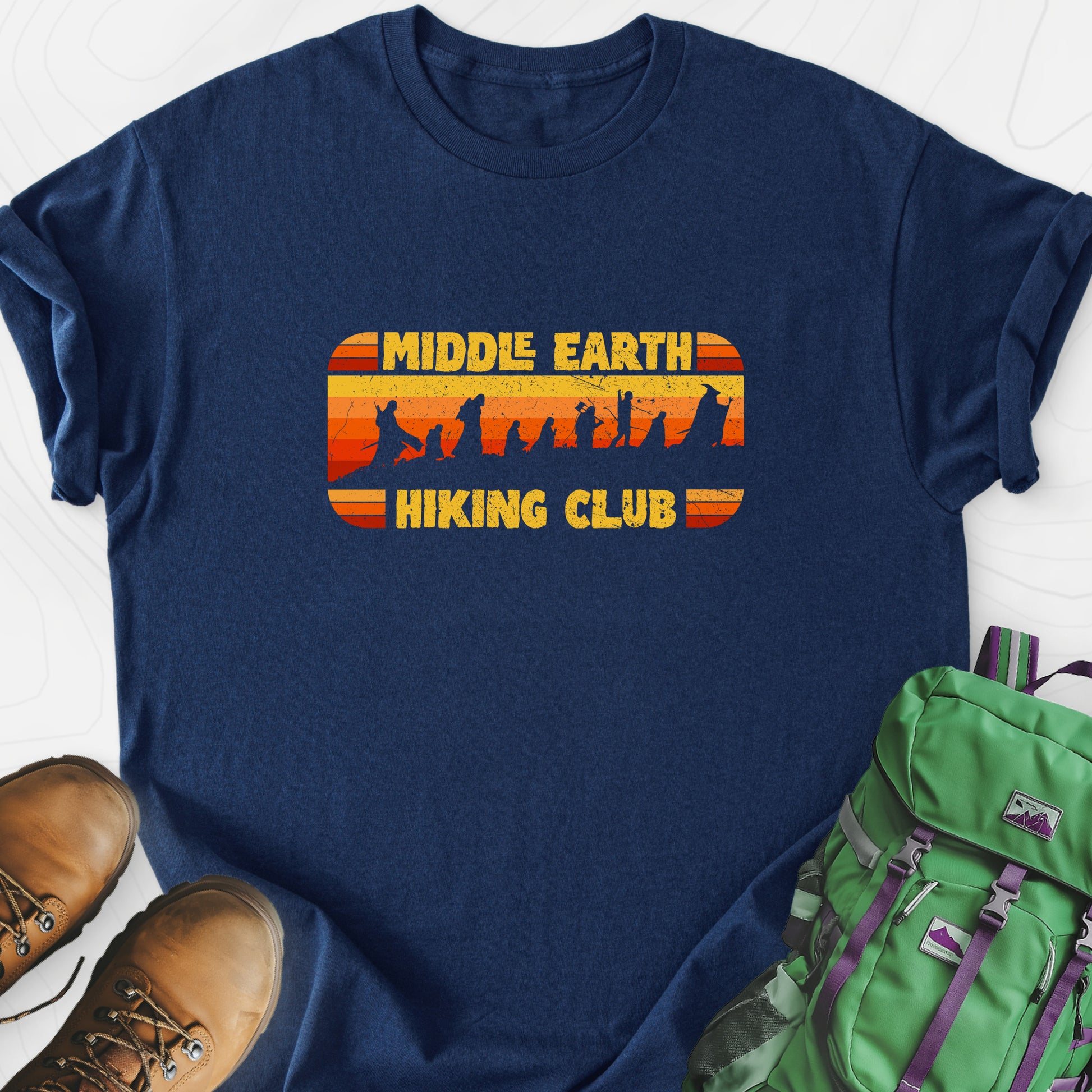 Middle Earth Hiking Club Navy front print lightweight T-shirt