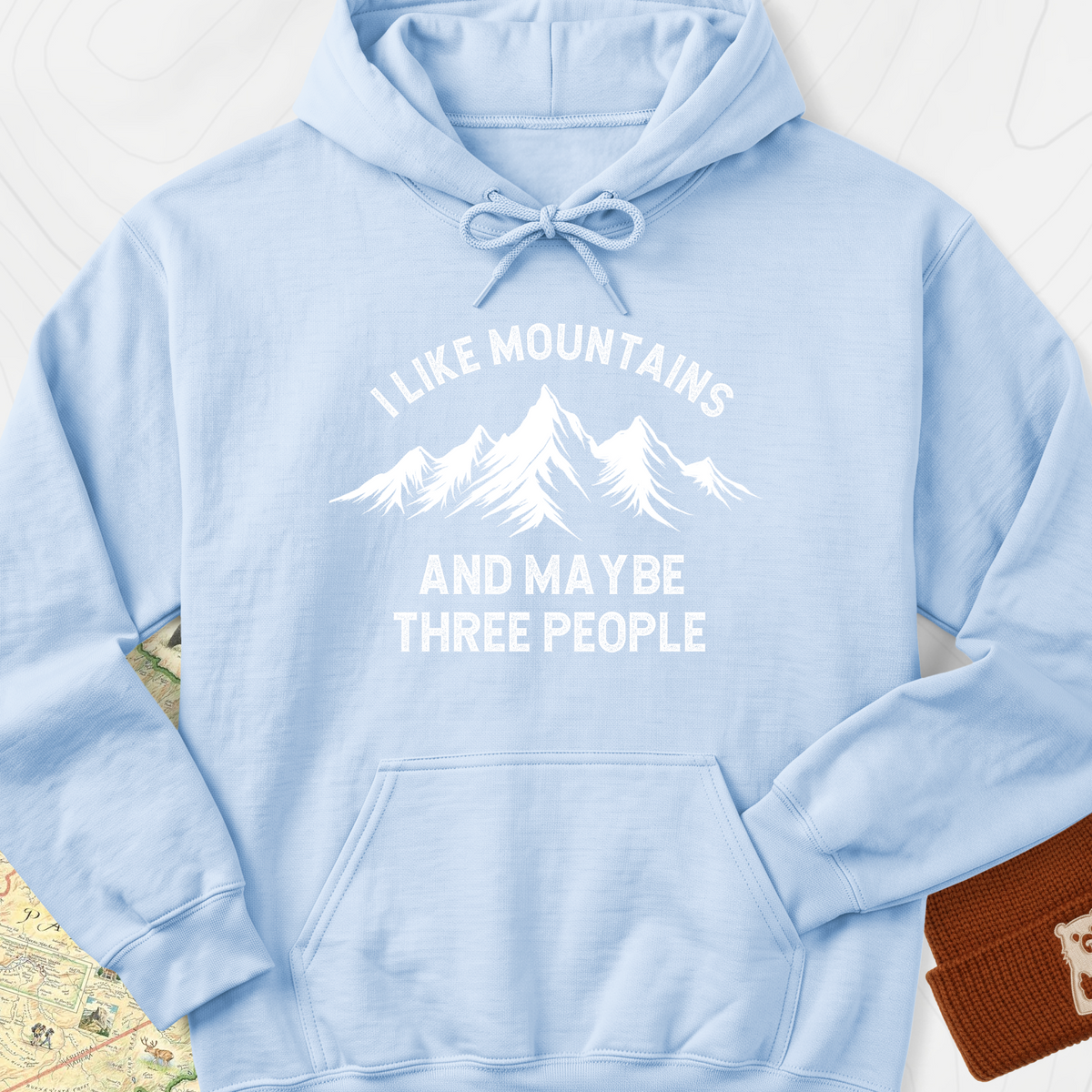 I Like Mountains And Maybe Three People Hoodie - Light Blue
