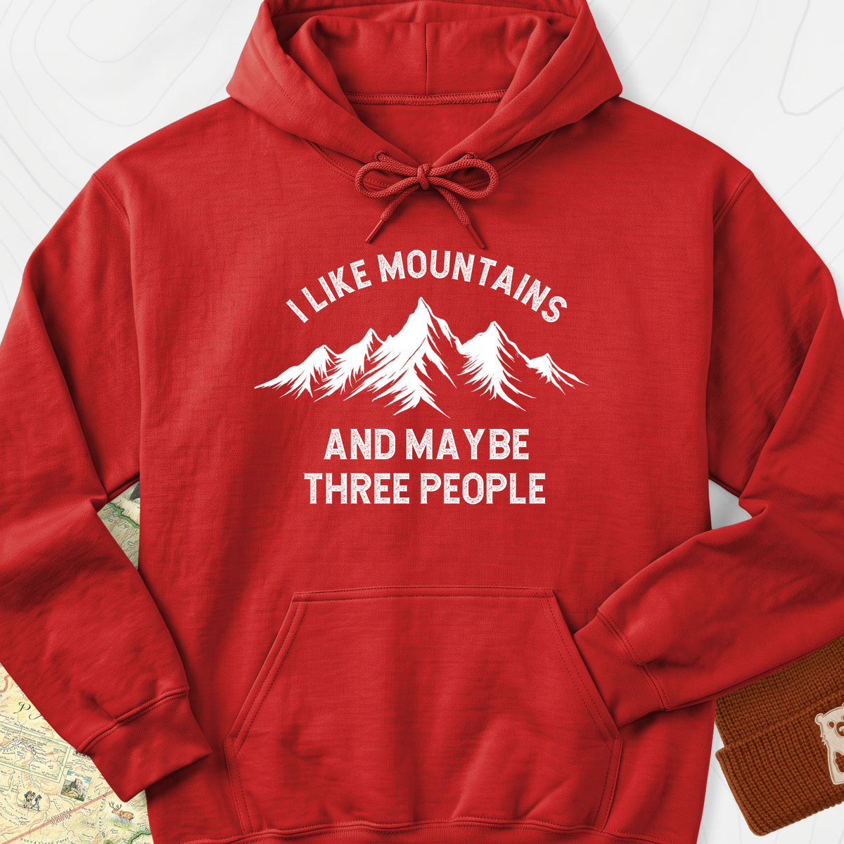 I Like Mountains And Maybe Three People Hoodie - Red