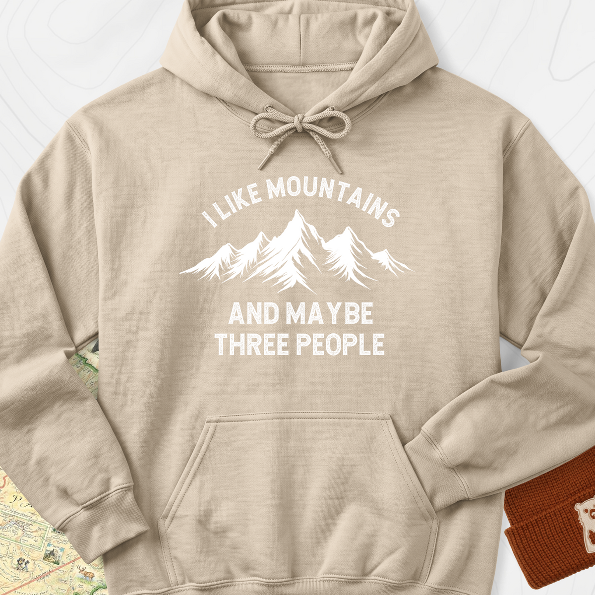 I Like Mountains And Maybe Three People Hoodie - Sand