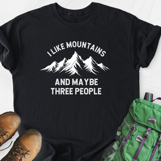 I Like Mountains And Maybe Three People Black front print lightweight T-shirt
