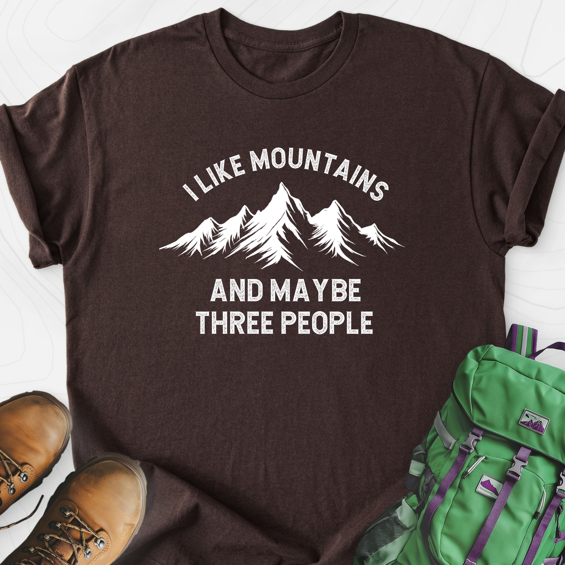 I Like Mountains And Maybe Three People Dark Chocolate front print lightweight T-shirt