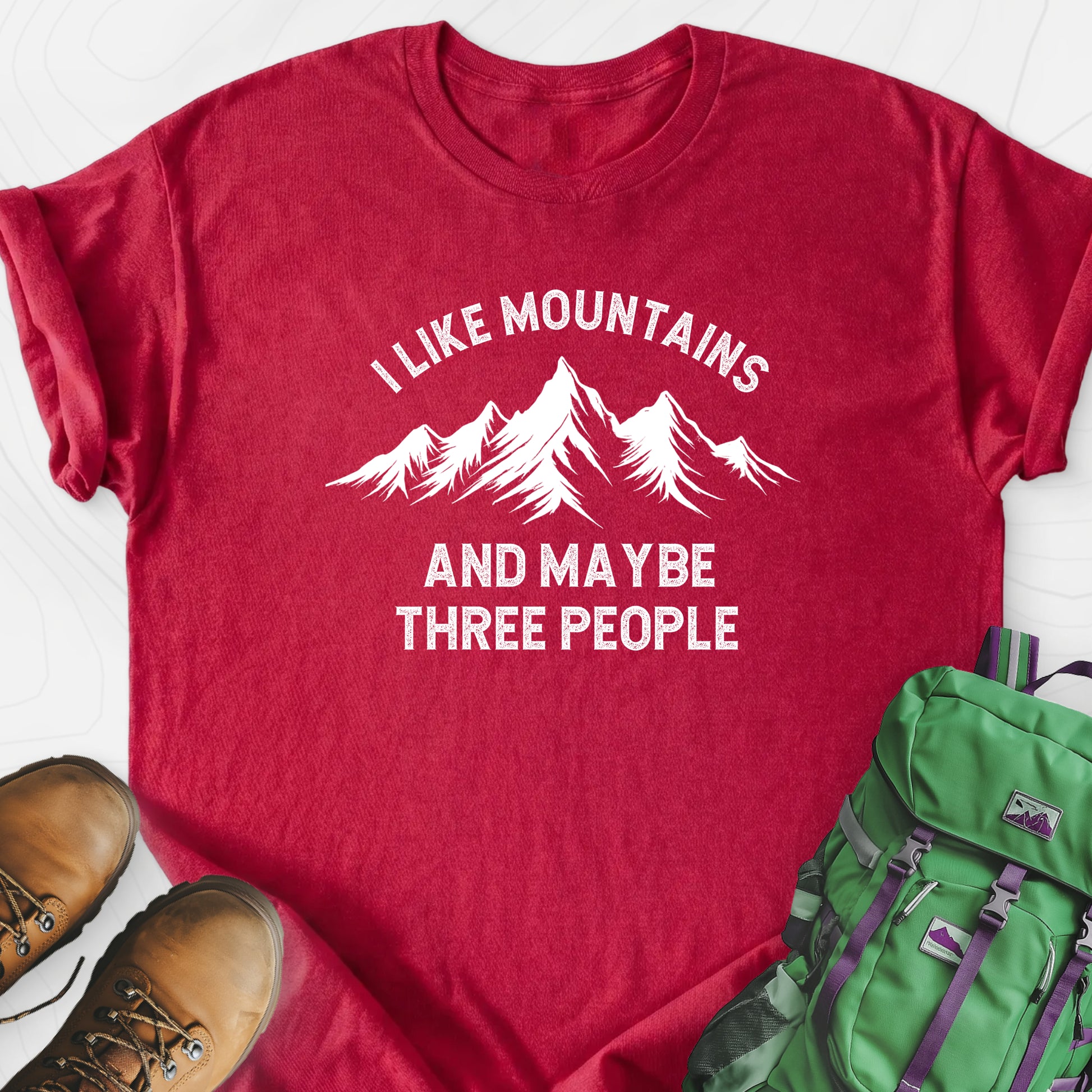 I Like Mountains And Maybe Three People Heather Red front print lightweight T-shirt