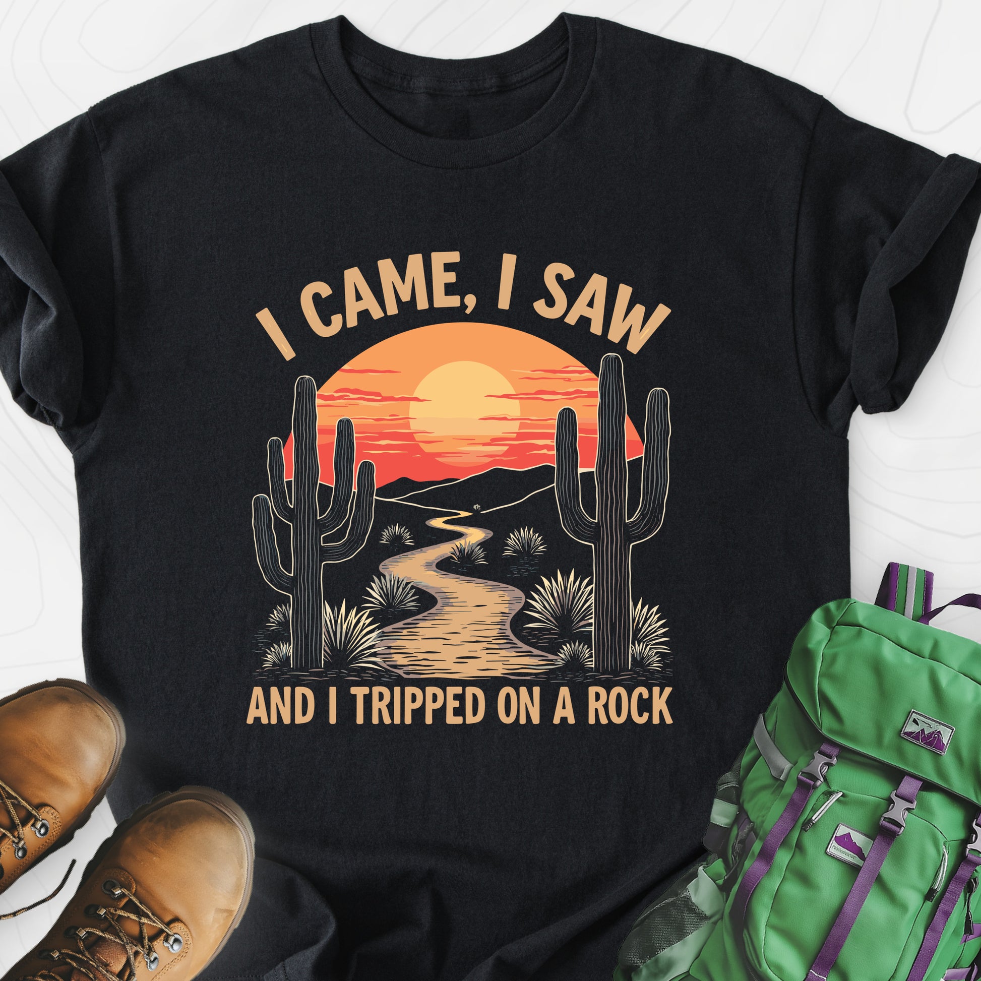 I Came, I Saw, I Tripped On A Rock Black front print lightweight T-shirt
