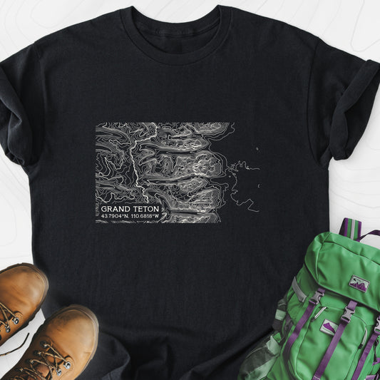 Grand Teton Topo Map Black front print lightweight T-shirt