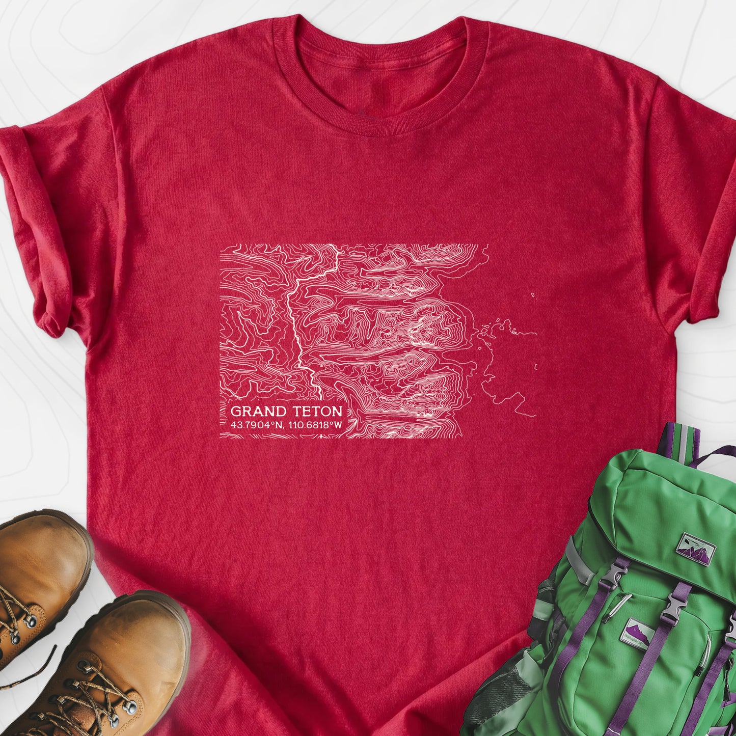 Grand Teton Topo Map Heather Red front print lightweight T-shirt