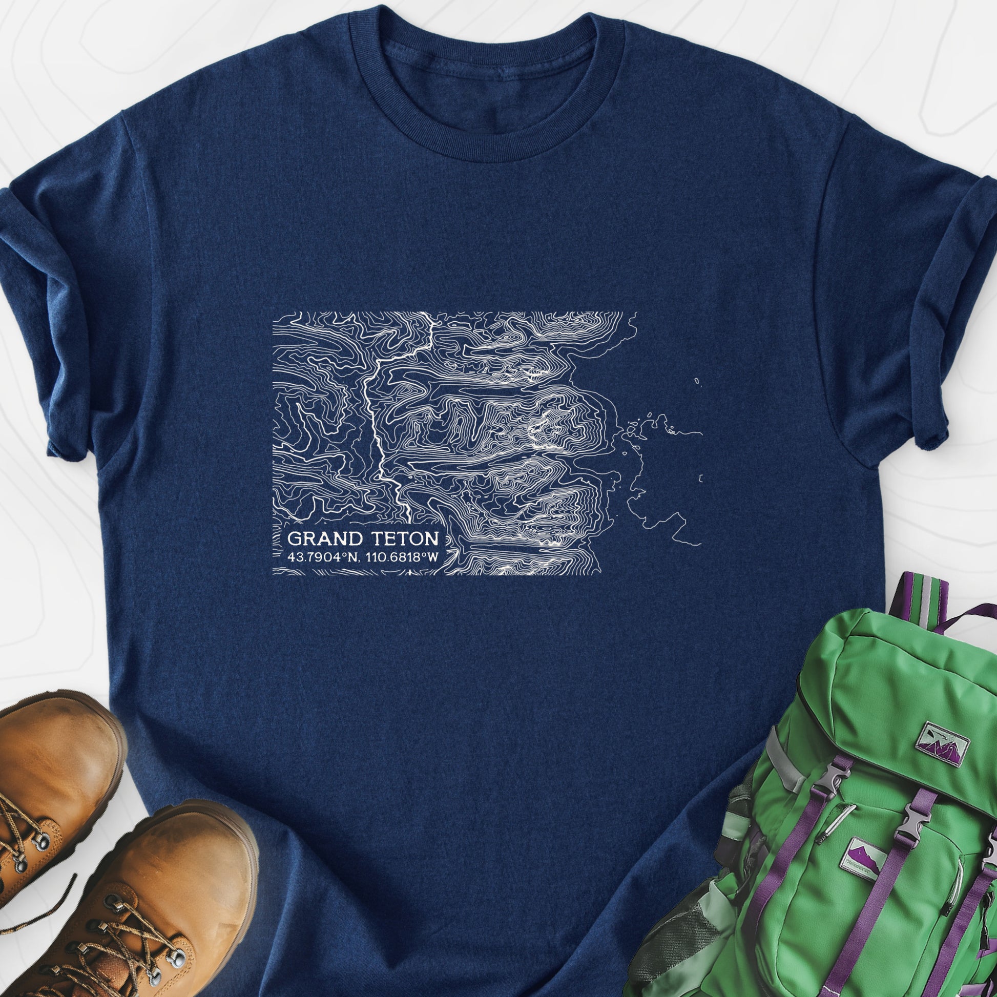Grand Teton Topo Map Navy front print lightweight T-shirt
