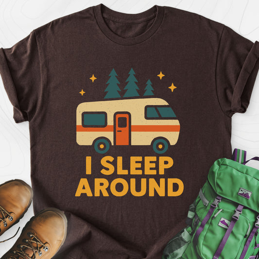I Sleep Around Dark Chocolate front print lightweight T-shirt