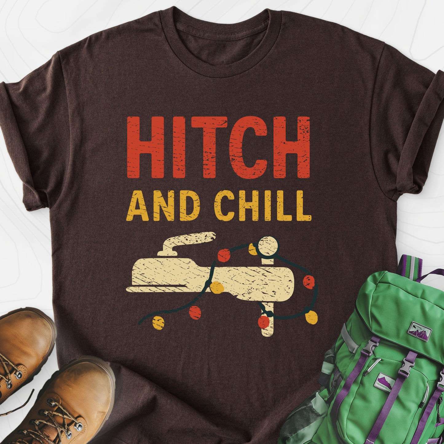Hitch and Chill Dark Chocolate front print lightweight T-shirt