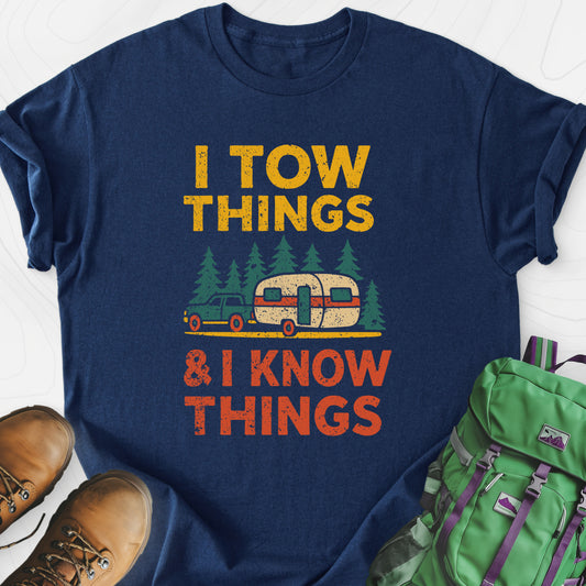 I Tow Things, I Know Things Navy front print lightweight T-shirt